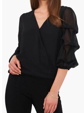 CeCe Black V-Neck Ruffle Sleeve Blouse with Elastic Hem - S